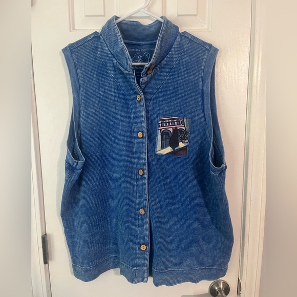 Michael Leu Collection vintage art to wear Cat button down patch vest top 1x - Picture 1 of 5